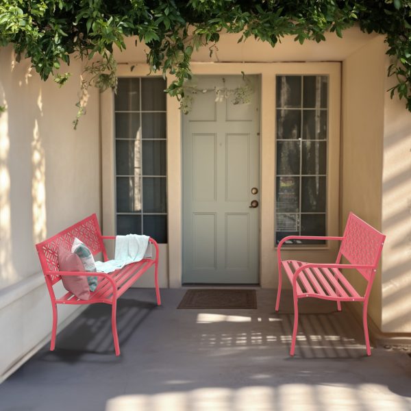 product-open-44a1893f04a646c9bc3ed3e5b2867ad7-goods 50" Outdoor Bench Metal with Floral Back, Garden Bench Front Porch Bench for Yard Patio Entryway Park Outside, 800lb Capacity