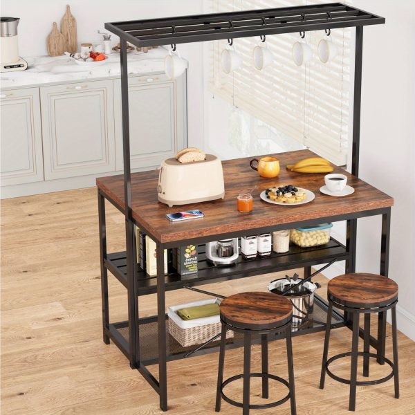 42" Kitchen Island with Storage - 3-Tier Bakers Rack, Microwave Stand, Dining Table for 4, 5 Hooks & 50lb Capacity, Multi-Functional Island for Small Kitchens (Brown)
