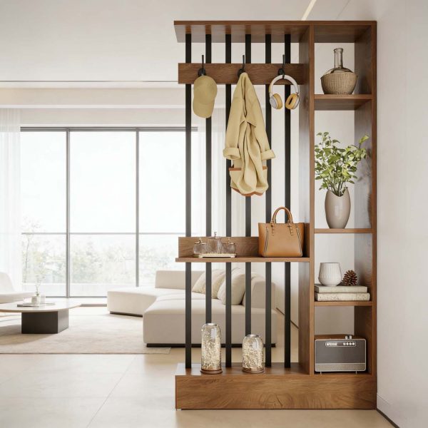 71-Inch Wooden Standalone Room Divider, Wall Partition Bookcase Featuring Shelves And Coat Hooks, a Contemporary Decorative Screen Suitable for Home And Office, in Brown