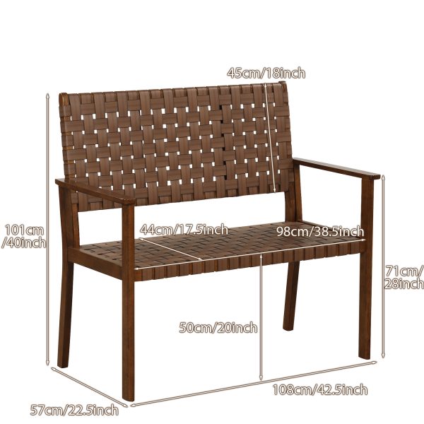 product-open-453c8b871e814ece9e444a97aea8fc3e-goods MULTIGOT Hand-Woven PU All-Weather Outdoor Bench with Solid Rubber Wood Frame - Heavy-Duty 400lb Capacity Patio Loveseat Chair, Wide Backrest & Armrests, Brown Wicker-Like Texture, Low-Maintenance Garden Furniture for Porch, Deck
