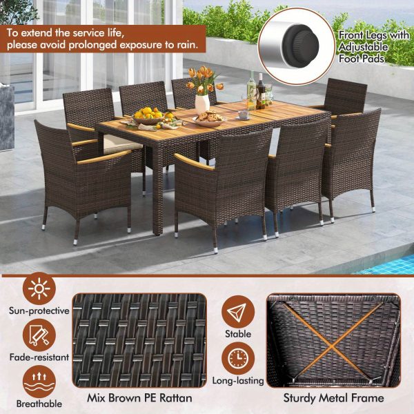 product-open-453ca244a04a49c399e5b95c577418c9-goods COSTWAY 9pcs Large Outdoor Dining Set with Acacia Wood Table & 8 Cushioned Chairs - Heavy-Duty PE Wicker Patio Furniture with 2" Umbrella Hole, Brown Wicker & Wood Finish, 400lb Capacity per Chair, 350lb Table - All-Weather Resistant for Deck, Garden, Backyard - Easy Assembly Required