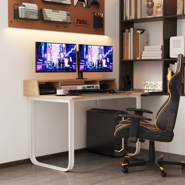 product-open-4560b37e22ec4413bda5d8c8c8bcd628-goods 43' Computer Desk with Storage Shelf, Modern Writing Desk with Ergonomic Notch, Stable Steel Frame Workstation for Home Office, Study, Gaming, Quick Assembly, Supports 165 LBS