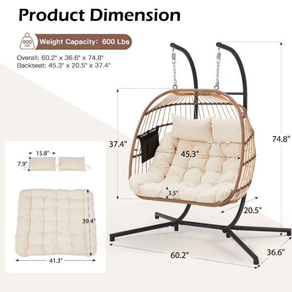 product-open-459a4f4db67d4cbf8c176e0f1b67d913-goods 2 Person Hanging Egg Chair with Stand, Outdoor Wicker Swing Chair with Cushion, Heavy Duty Loveseat Chair for Patio Balcony Bedroom