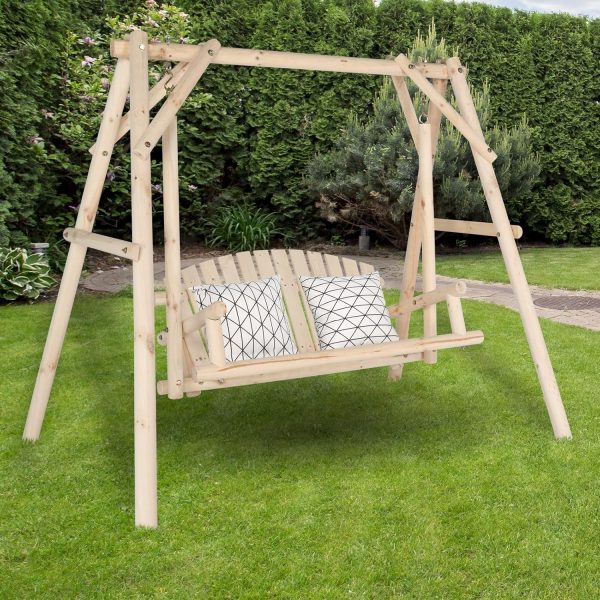 [Heavy Duty Swing] Bonnlo Heavy Duty 880 LBS Wooden Patio Porch Swing with A-Frame Stand, Hanging Swing Bench Chair with Frame for Outside, Yard, Garden (Rustic Sequoia Dusk/Natural)
