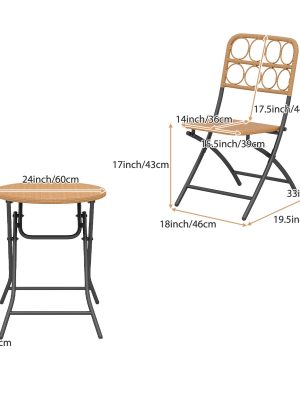 3pcs Folding Patio Bistro Set, Outdoor Round Table and Chairs with Hand-Woven Wicker Seat & Tabletop, Portable Metal Frame Dining Set for Balcony, Garden, Backyard