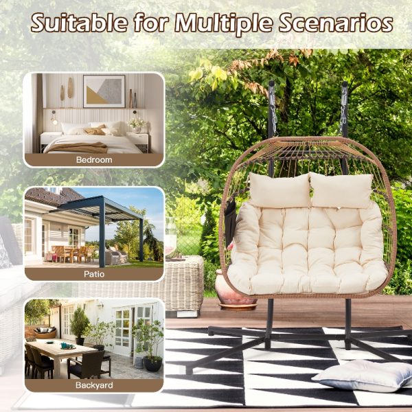 product-open-47d1ccb0c66647cfab1b74b670d7599d-goods 2 Person Hanging Egg Chair with Stand, Outdoor Wicker Swing Chair with Cushion, Heavy Duty Loveseat Chair for Patio Balcony Bedroom