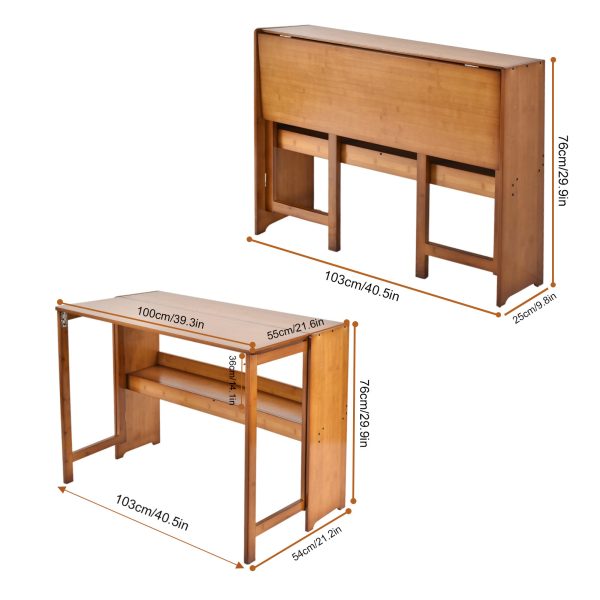 Multipurpose Folding Desk, 40.6 Inch Wide Wooden Table (Folds to 9.8in) - Space Saving Design with Storage for Home Office, Dining & Study