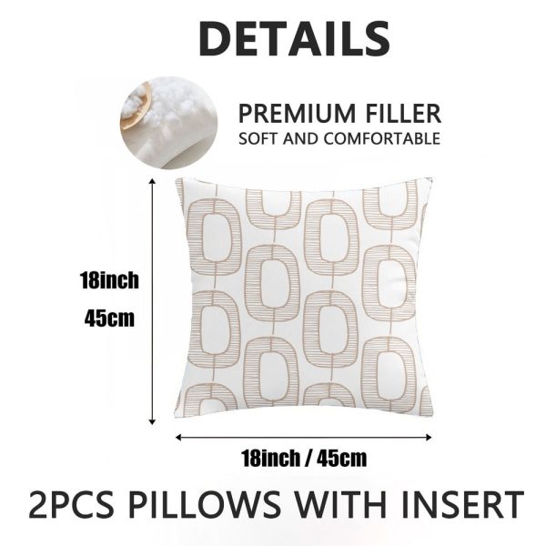 Outdoor Pillows 2pcs Set with Insert Hand-Drawn Beige Abstract Link Pattern Decorative Outdoor Cushion, 17.72inch Square Throw Pillow for Patio, Garden, Sofa, Bed, Breathable Fabric Cover with Hidden Zipper, Weather-Resistant