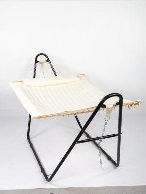 [Outdoor Camping] BABABA Heavy-Duty Iron Hammock with Stand - Large Outdoor Hanging Bed, 315x104x128cm Gray Bed Frame & Black Poles, 440lb Weight Capacity, Double-Layer Quilted Canvas Suitable for,, Balcony, Camping
