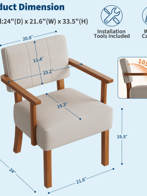 Patio Dining Set, Outdoor Chairs Set Garvee Mid-Century Accent Chair Set of 2 with Wood Frame, Linen Fabric Lounge Arm Chair with Classic Vertical Stripe Reading Leisure Chair for Living Room, Bedroom, Balcony, Beige