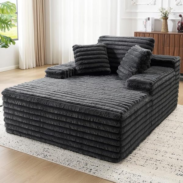 product-open-4a88d13c4a06437dbb0d8519e8e64ce6-goods 67" Chaise Lounge Sofa Bed with Faux Fur Upholstery, No Assembly Sleeper Couch with Memory Sponge Support, Ergonomic Plush Design with Throw Pillows and Thick Padding, Modern Comfortable Sofa for Living Room Bedroom Apartment, Grey & White Available