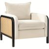 product-open-4bdeef22617d42469caff333c73d4fd8-goods Modern Woven Rattan Accent Chair with Wooden Armrests & Legs - Detachable Cushion, Upholstered Seat, Natural Brown Finish for Living Room, Bedroom, or Makeup Room - Easy Assembly, Durable Polyurethane & Hardwood Construction, Bedroom Seating, Elegant Seating Option, Sturdy Construction, Home Decor Lovers
