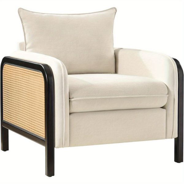 product-open-4bdeef22617d42469caff333c73d4fd8-goods Modern Woven Rattan Accent Chair with Wooden Armrests & Legs - Detachable Cushion, Upholstered Seat, Natural Brown Finish for Living Room, Bedroom, or Makeup Room - Easy Assembly, Durable Polyurethane & Hardwood Construction, Bedroom Seating, Elegant Seating Option, Sturdy Construction, Home Decor Lovers