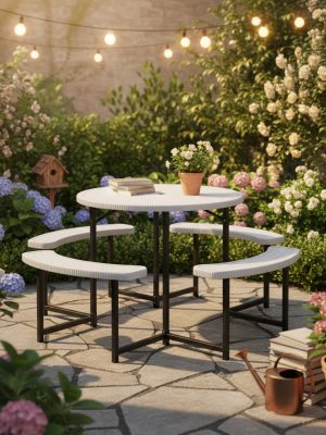 8-Person Round Picnic Table Set, 37-Inch Outdoor Dining Table with 4 Curved Benches And Umbrella Hole, HDPE Top And Metal Frame, Circular Patio Camping Table for Backyard, Garden, Lawn, Porch