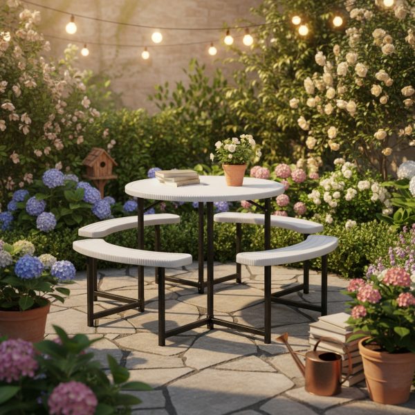 product-open-4c20783f80e044caaee57d605a58a19d-goods 8-Person Round Picnic Table Set, 37-Inch Outdoor Dining Table with 4 Curved Benches And Umbrella Hole, HDPE Top And Metal Frame, Circular Patio Camping Table for Backyard, Garden, Lawn, Porch
