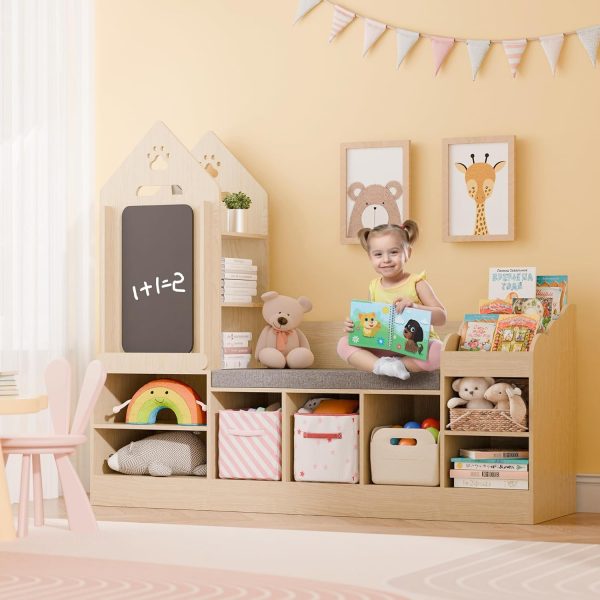 Bookshelf Featuring a Cozy Reading Corner, Wooden Organizer for Storage Equipped with a Chalkboard And Bench, Ideal Reading Nook for Boys And Girls, Shelf Suitable for Bedroom, Nursery, Or Playroom, Crafted from Natural Oak