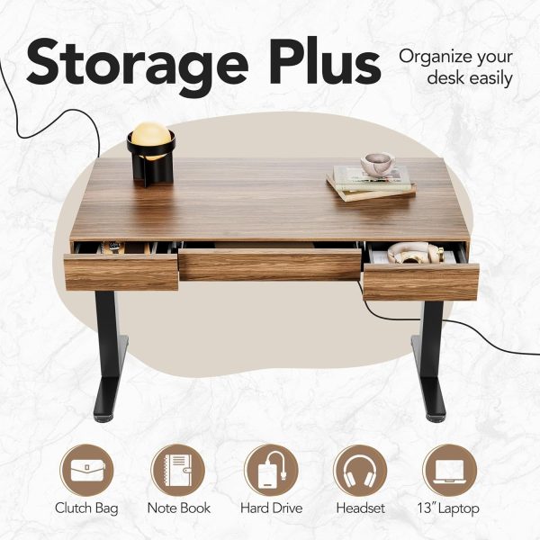 Recording studio furniture Electric Standing Desk with 3 Drawers, 48 Inches Height Adjustable Stand Up Desk, Whole-Piece Board Computer Workstation with 4 Memory Height Settings, Black Walnut