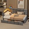 Upholstered Twin Size Daybed with Storage 2 Drawers and Charging Station, Day Bed Frame with LED Lights and Storage Headboard, No Box-Spring Needed, Beige