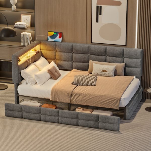 Upholstered Twin Size Daybed with Storage 2 Drawers and Charging Station, Day Bed Frame with LED Lights and Storage Headboard, No Box-Spring Needed, Beige