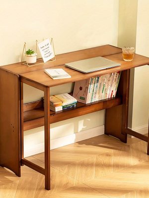 Bamboo Folding Desk, Laptop Desk with Storage Shelf Writing Desk Vanity Table Small Computer Table Space Saving Workstation for Home Office Dark Brown
