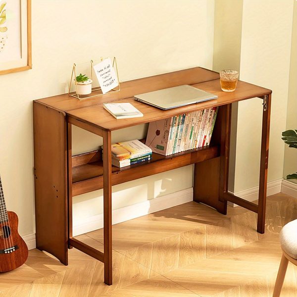 product-open-4e92dbb9efbe4a35b9db4fbe3df9adf0-goods Bamboo Folding Desk, Laptop Desk with Storage Shelf Writing Desk Vanity Table Small Computer Table Space Saving Workstation for Home Office Dark Brown