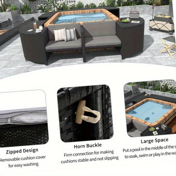 [Outdoor All Weather Sofa] Patio Rattan Sofa Set Spa Surround Spa Frame With Storage Spaces, Outdoor All Weather Round Conversation Sofa Set With Acacia Wood Seats And Waterproof Cushion, Free Combination