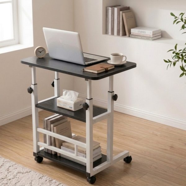 product-open-4f49af71fa764dc7a07f31705713178b-goods Height Adjustable Computer Desk with Storage Shelf and Wheels, Mobile Rolling Desk for Home Office, Small Space Study Workstation Desk