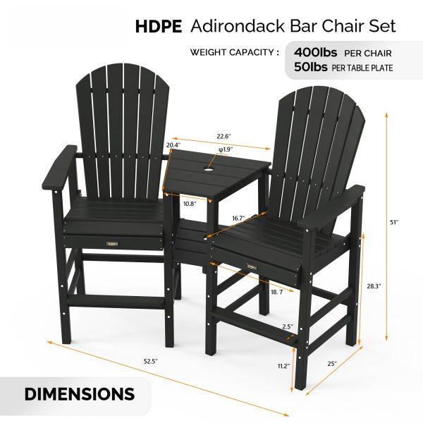 product-open-4fdc1140e1ad41ba828a093c47ceba6c-goods 2pcs High-legged Adirondack Chair Set, All-weather High-density Polyethylene (HDPE) Bar Stool, Outdoor Chair with Double Tray and Parasol Opening, Suitable for Balconies, Poolside, Backyards, and Patios.