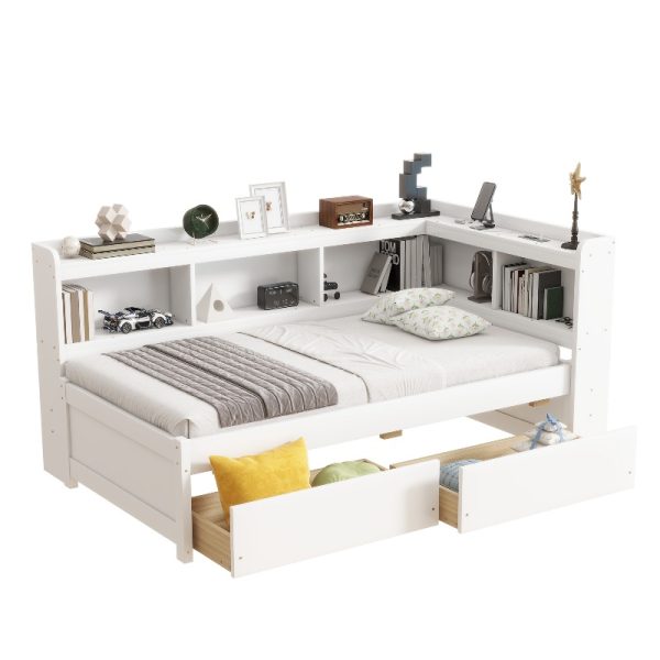 Twin Size L-Shaped Bookcase Bed with Bookshelf Headboard & Two Drawers - Space-Saving Storage Bed Frame, Modern Suitable for Small Rooms, Dorms, Apartments, No Assembly Required (No Wood)