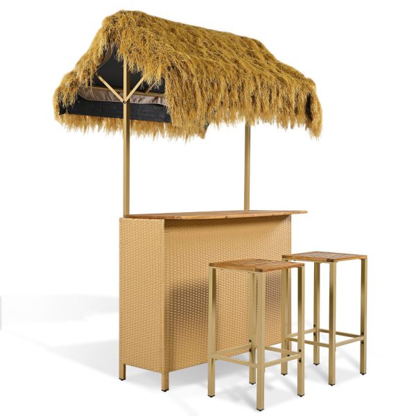 product-open-5064ee580d424b3aba1ad9862091099f-goods Outdoor Bar Set with Grass Canopy, 2-Seat Patio Bar Table And Stools, Bar Height Outdoor Dining Set, Adjustable Feet Design, Built-In Storage Space, Tiki Bar Furniture for Backyard Poolside Garden Deck Porch Balcony