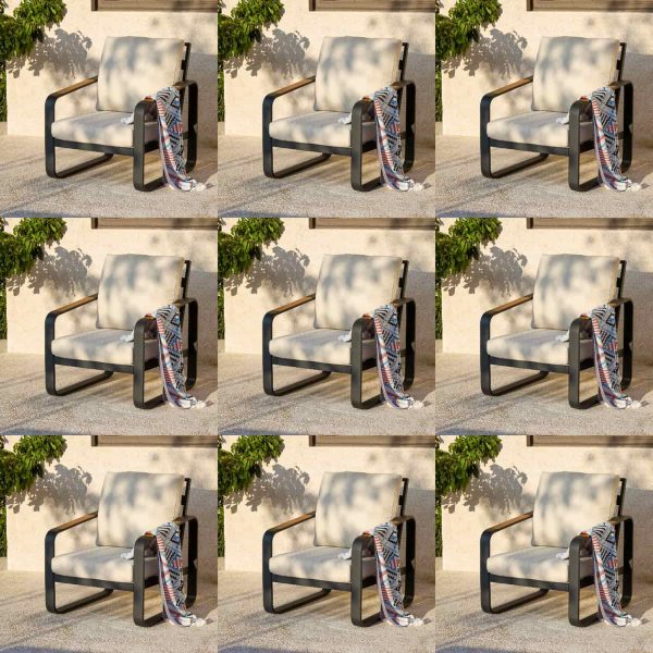 Outdoor Patio Lounge Chair with Beige Cushions, Black Aluminum Frame, Wood Armrests, Modern Style, Ideal Fathers Day Gift
