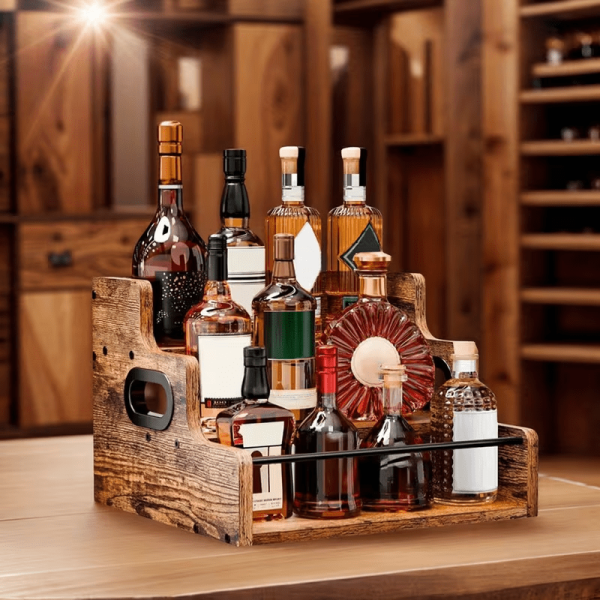 Solid Wood Liquor Bottle Display Shelf, Coffee Syrup Rack Organizer, 3 Step Countertop Liquor Wine Rack, Bar, Liquor Cabinet, Home Bar Shelf Stand for Liquor Whiskey, Spirits, Spice Rack