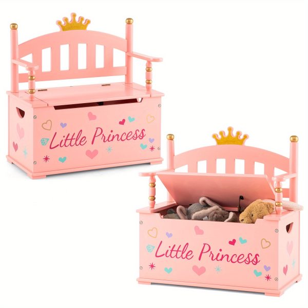 product-open-5144b66bbed74a8fb4b7bbf986a35a59-goods COSTWAY Kids Storage Organizer, 2-in-1 Storage Chest & Bench, w/ Safety Hinge & High Backrest, Cute Crown Pattern, Storage Organizer for Kids Room, Playroom, Nursery