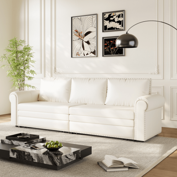 product-open-51e6ed02d0ab460b9ccca64e011c0f12-goods Modern Convertible Sofa Bed 93.7' Space-Saving Sleeper with Pull-Out Design Three-Seater Leather Folding Transformable Durable Luxurious Suitable Adjustable Backrest Plush Cushions Cozy for Living Room