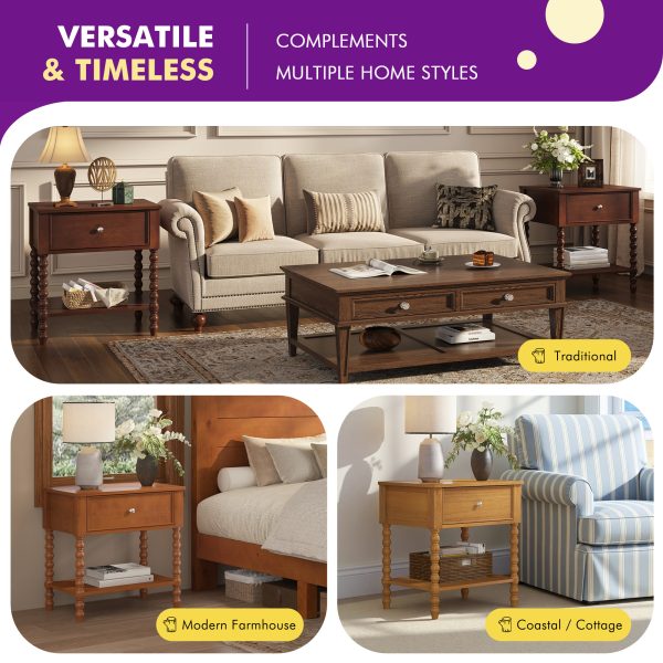 product-open-52541b3ca2f94e4a8cbf0b792486b908-goods PAPAJET Solid Wood Nightstand with Drawer Walnut Bedside Table Mid Century Bedroom Furniture Single or Set of 2 Options