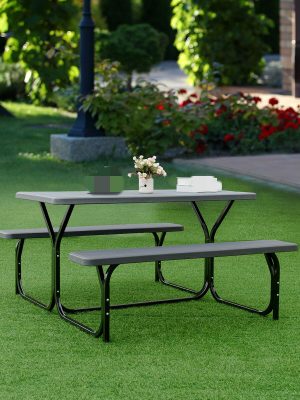 COSTZON Picnic Table Bench Set | Outdoor Camping All Weather Metal Base, Wood-Like Texture, Plastic Top, Backyard Poolside Dining, Party Garden Patio Lawn Deck, Large Camping Picnic Tables for Adult