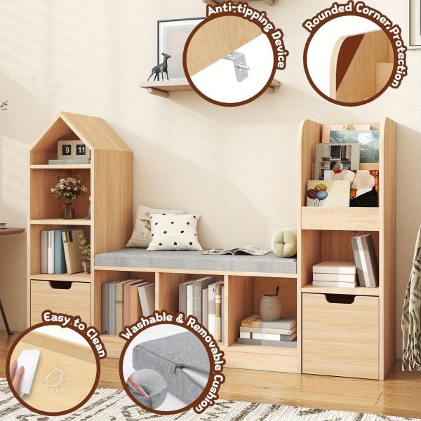 product-open-52b7bb55277f4c899cd3e95e6c39bc0f-goods Nordic Style Bookcase with Reading Nook | Space-Saving Storage Cabinet with 7 Cubbies, 2 Movable Drawers & Seat Cushion, Multifunctional Organizer for Living Room, Bedroom, Office, Wood Color, Hardwood Material, VABCHES Brand