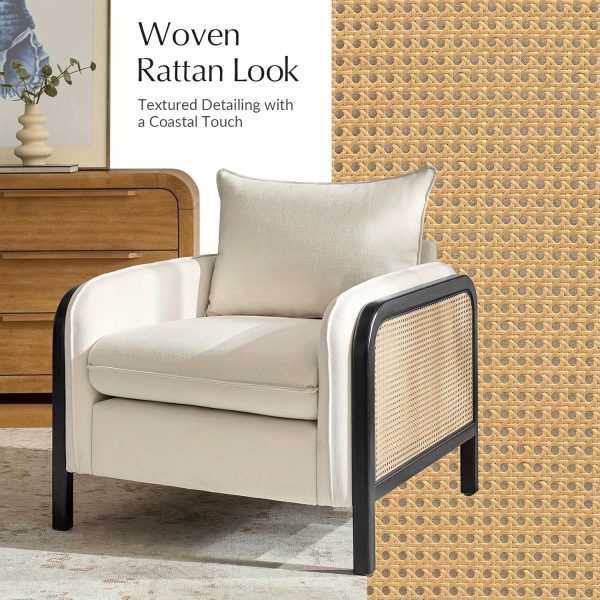 product-open-52c98880c0194a61a346d24b56792c9d-goods Modern Woven Rattan Accent Chair with Wooden Armrests & Legs - Detachable Cushion, Upholstered Seat, Natural Brown Finish for Living Room, Bedroom, or Makeup Room - Easy Assembly, Durable Polyurethane & Hardwood Construction, Bedroom Seating, Elegant Seating Option, Sturdy Construction, Home Decor Lovers
