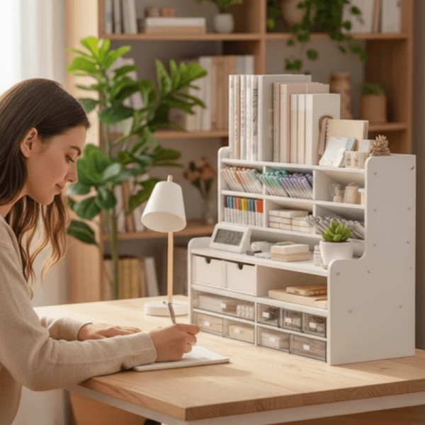 product-open-52e7146a20dc44fab7a1de0c8d51549a-goods Desktop Storage Box, Multi-Tiered Desktop Shelf, Requires Manual Assembly, Suitable for Stationery, Cosmetics, Office Supplies | Space-Saving Partitioned Storage Box, a Great Valentine'S Day Gift Choice for Family Or Girlfriend
