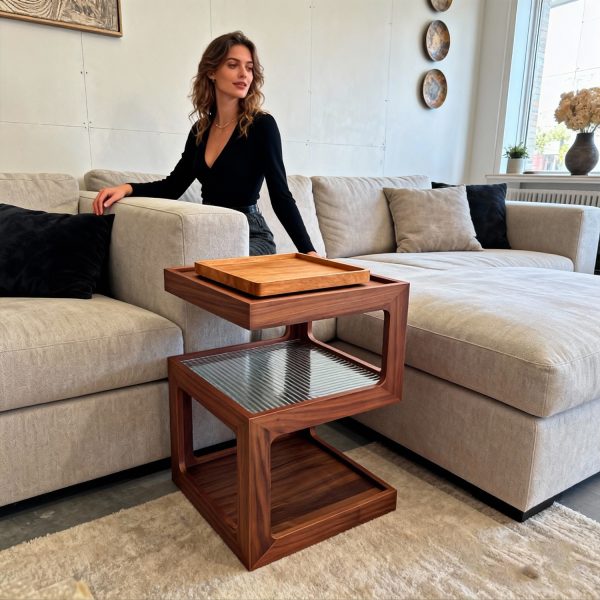 A Bedside Table That Doesn't Require Assembly Bedside Table, Walnut Wood Nightstand, Small Bedside Table with Open Compartment, Tempered Glass Top, Modern End Table for Bedroom & Living Room Furniture