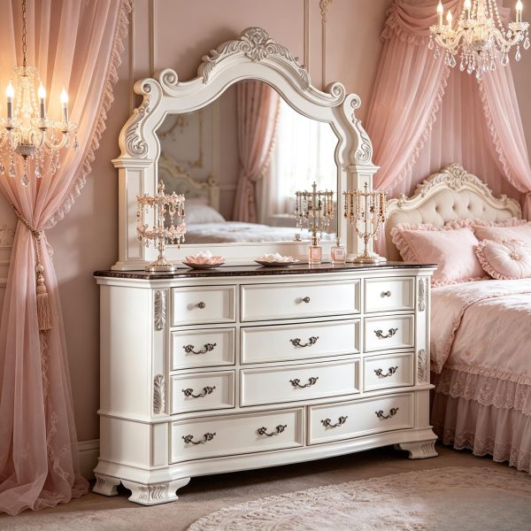 product-open-541b7b75f409411a85a7169e15600cf5-goods Luxury White 1pc Dresser Dovetail Drawers Genuine Marble Top Bronze Round Knob and Hanging Pulls BedroomEasy to Install Storage Unit Ready to Use Out of Box