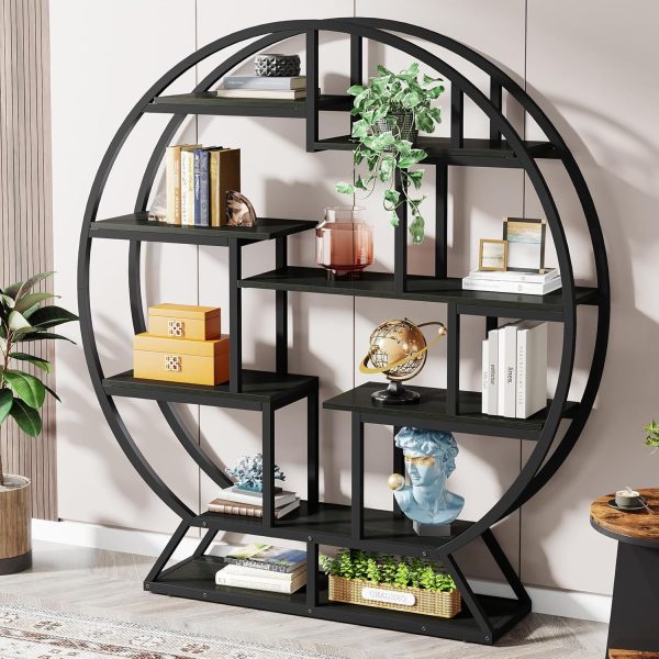 product-open-5438be5ff26746daaac7f42b3528e7e1-goods 63 Inch Round Industrial Bookshelf - Rustic Wood & Metal Etagere Bookcase with Staggered Shelves, 350lb Capacity, Adjustable Leg Pads, Matte Black & Brown Finish, Open Shelving Organizer for Living Room, Home Office, Bedroom, Kitchen, Bookshelf Decorations, Versatile Display Shelf, Round Silhouette Shelf, Durable Particleboard