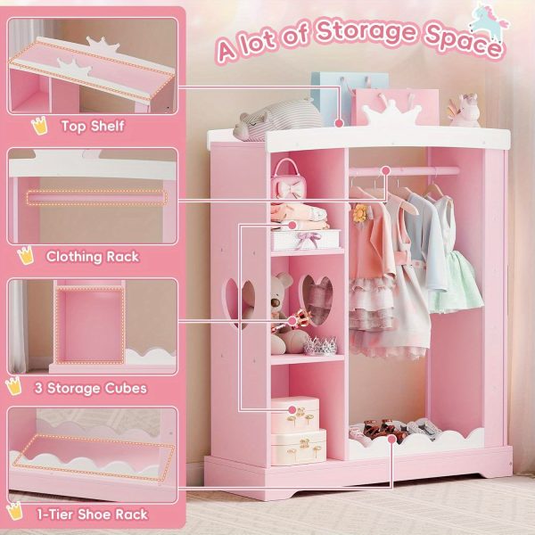 product-open-54a0eef0ea5d49f69f1b825cfbe6bf54-goods Kids Armoire with Jewelry Cabinet, Dress up Storage with Mirror and Shelves, Princess Dress Closet and Costumes Wardrobe Closet, Costume Organizer for Bedroom, Kids Room, Girls