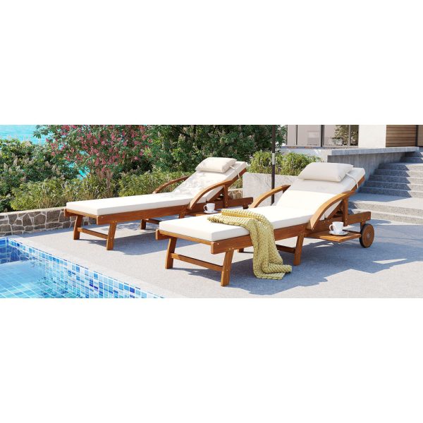 product-open-54a7799c77594239bf09590eca66d3c0-goods U_Style 2-Pack 77.5' Outdoor Lounge Chairs, Acacia Wood Frame, Cushioned, Adjustable Backrest And Leg Rest, Headrest And Retractable Side Tray, Perfect for Patio, Pool, Garden, Beach