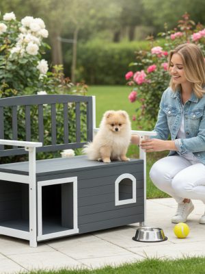 Wooden Bench for Outdoors, Versatile Garden Furniture with Dog Shelter and Storage Area, Ideal for Patios, Yards, and Verandas