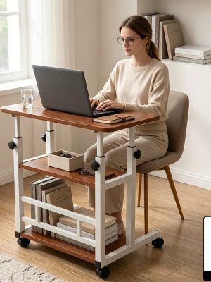 Height Adjustable Computer Desk with Storage Shelf and Wheels, Mobile Rolling Desk for Home Office, Small Space Study Workstation Desk