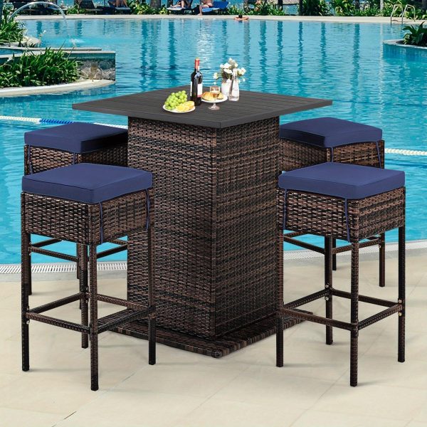 product-open-56d9ae46886a41db85411853c4c4b267-goods LIFEZEAL 5pcs Outdoor Patio Rattan Bar Table and 4 Stools with Hidden Storage Shelf, Cushion Chairs - -Weather PE Rattan & Frame, Red/Black/Navy/Beige Wicker Furniture for Poolside,, Backyard (Complete Set)