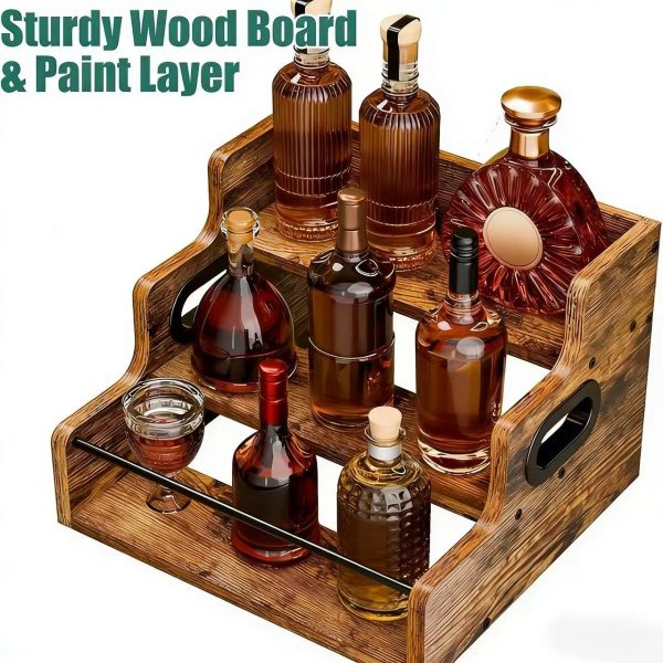 Solid Wood Liquor Bottle Display Shelf, Coffee Syrup Rack Organizer, 3 Step Countertop Liquor Wine Rack, Bar, Liquor Cabinet, Home Bar Shelf Stand for Liquor Whiskey, Spirits, Spice Rack
