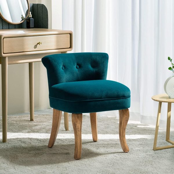 product-open-5745da23b5f8499eb3aab28504ceadd9-goods Navy Velvet Vanity Stool with Low Back - Modern Upholstered Makeup Chair with Solid Wood Legs, Assembly Compact Dressing Table Chair Suitable for Women & Girls, Bedroom, Living Room, Dressing Table - Stylish Chair