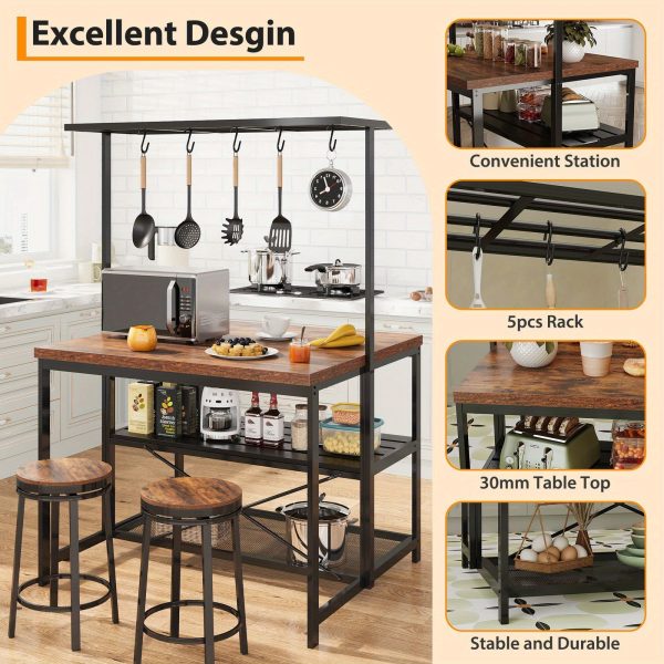 42" Kitchen Island with Storage - 3-Tier Bakers Rack, Microwave Stand, Dining Table for 4, 5 Hooks & 50lb Capacity, Multi-Functional Island for Small Kitchens (Brown)